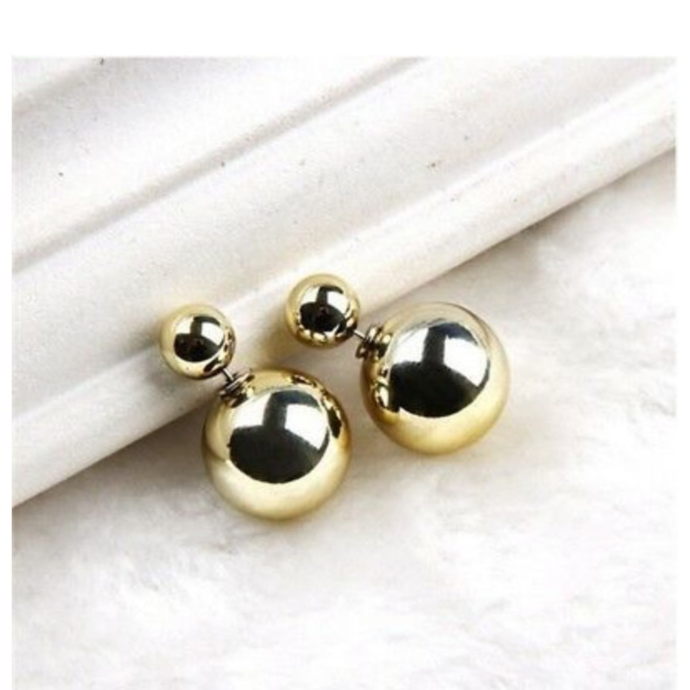 NEWgold DoubleSided Pearl Earrings TwoBallEar Stud
